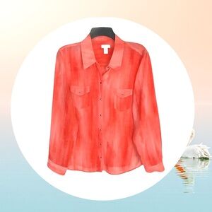 Chicos Orange/Melon Tye Dye Paintbrush Snap Sheer Blouse Sz 2 (Equal to M 12-14)